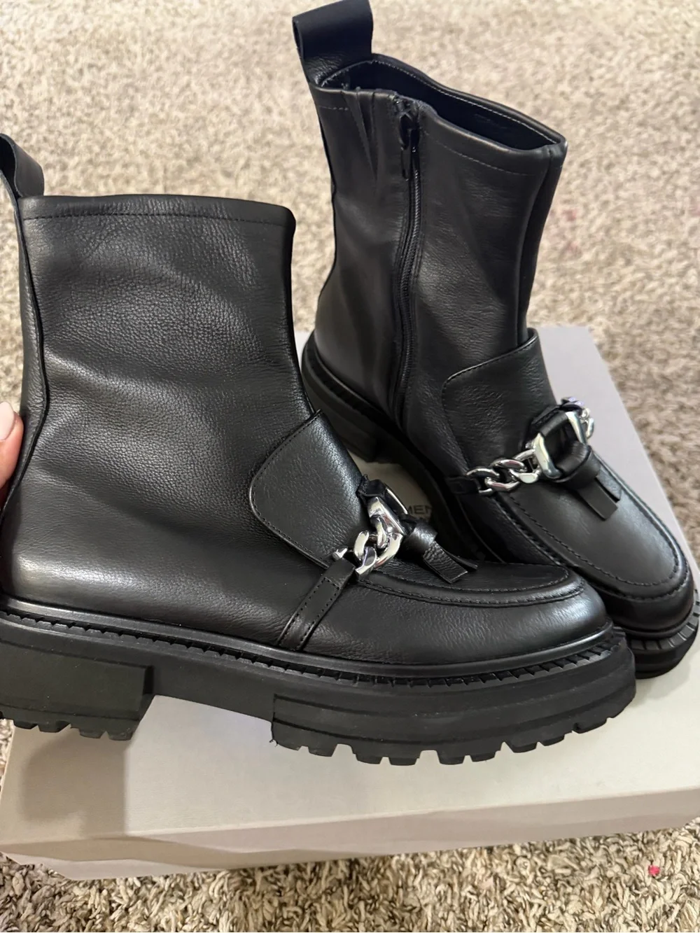 Women's Black Leather Chain-Trim Ankle Booties